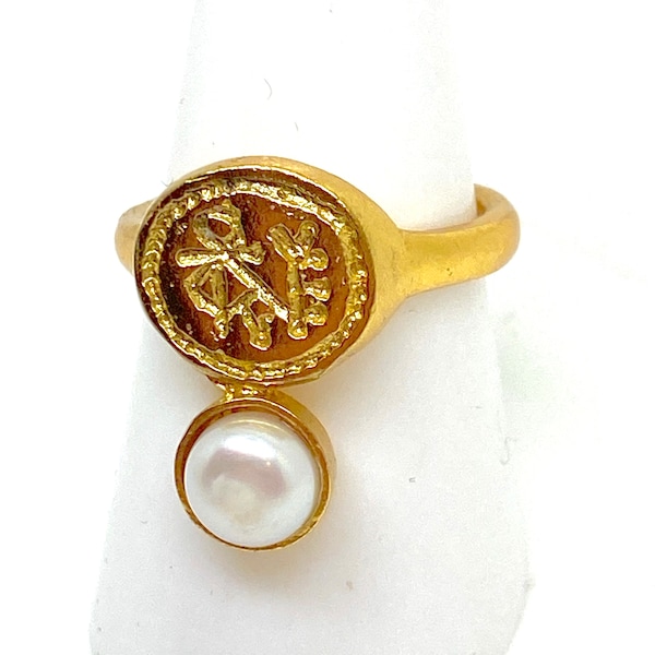 Handmade Ottoman Hands Pearl and Ancient Coin Ring - Adjustable
