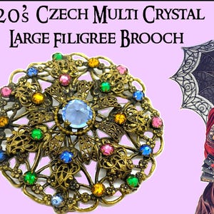Large Classic Czech Multi-Crystal Rhinestone Fancy Filigree Brooch