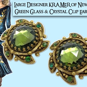 1960&#39;s Designer KRAMER Large Green Crystal Clip Earrings