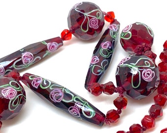 Original Antique Art Deco Czech Rose Red Art Glass Necklace