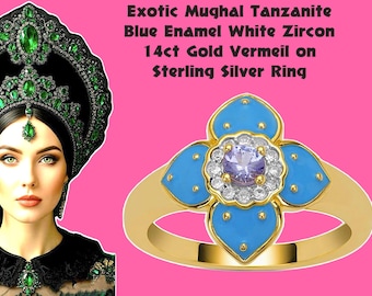 Mughal Tanzanite Blue Enamelled White Zircon 14ct Gold Vermeil on Sterling Silver Ring