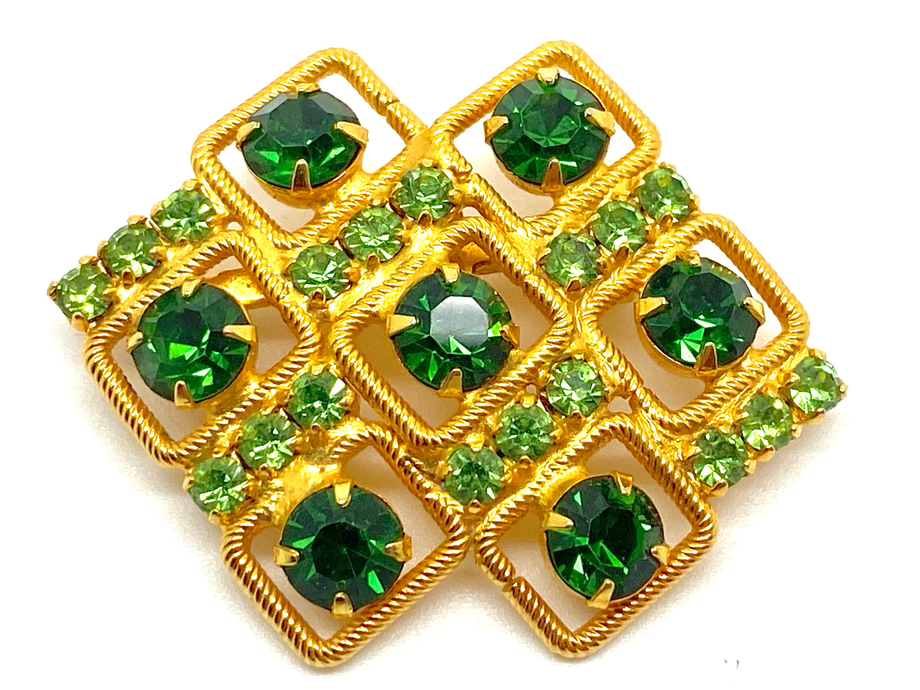 1980's Green Glass Crystal Rhinestone Brooch - Etsy