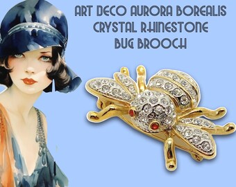 Silver Tone Rhinestone Bug Brooch Pin, Aurora Borealis  display picture 1