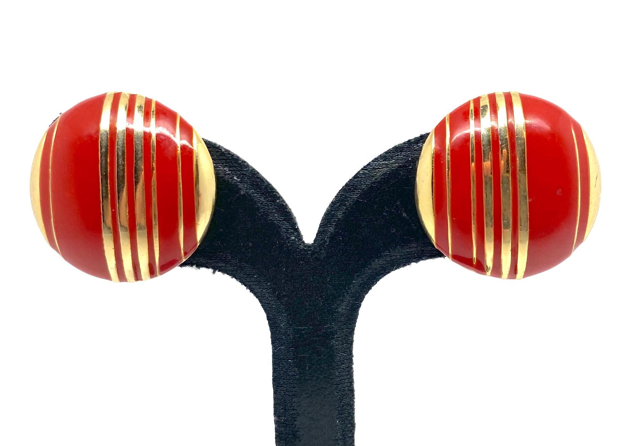 Boucles D'oreilles Clips Orena Paris Vintage – Métal Doré, émail Rouge Et Strass, Années 80