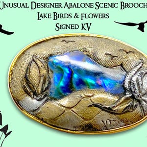 Unusual Designer Abalone Scenic Brooch- Signed
