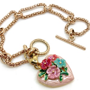 Italian Gold Vermeil Enamel Flower Heart Locket Bracelet