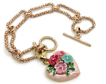 Beautiful Italian Gold on Silver Enamel Heart Flower Locket Bracelet