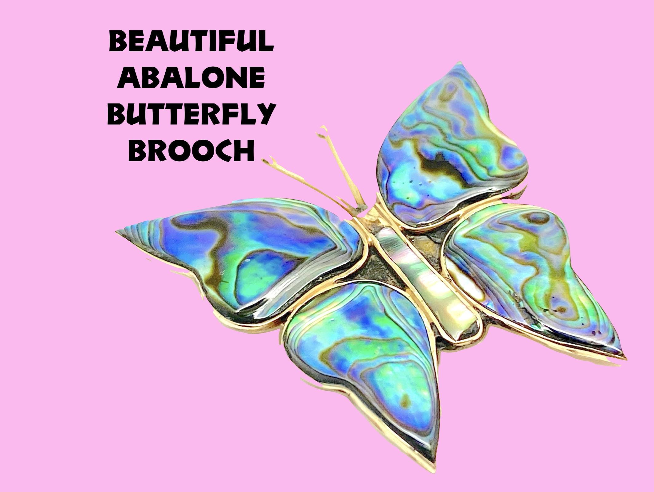 ブルーアワビの蝶のブローチ - アルパカシルバー、メキシコジュエリー