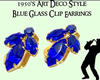 50er Jahre Art Deco Stil Blaue Glas Ohrclips