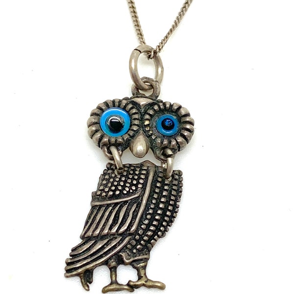 Chaîne et pendentif en argent 925 avec hibou articulé des années 1970