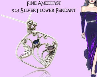 Fine Amethyst and 925 Silver Flower Pendant