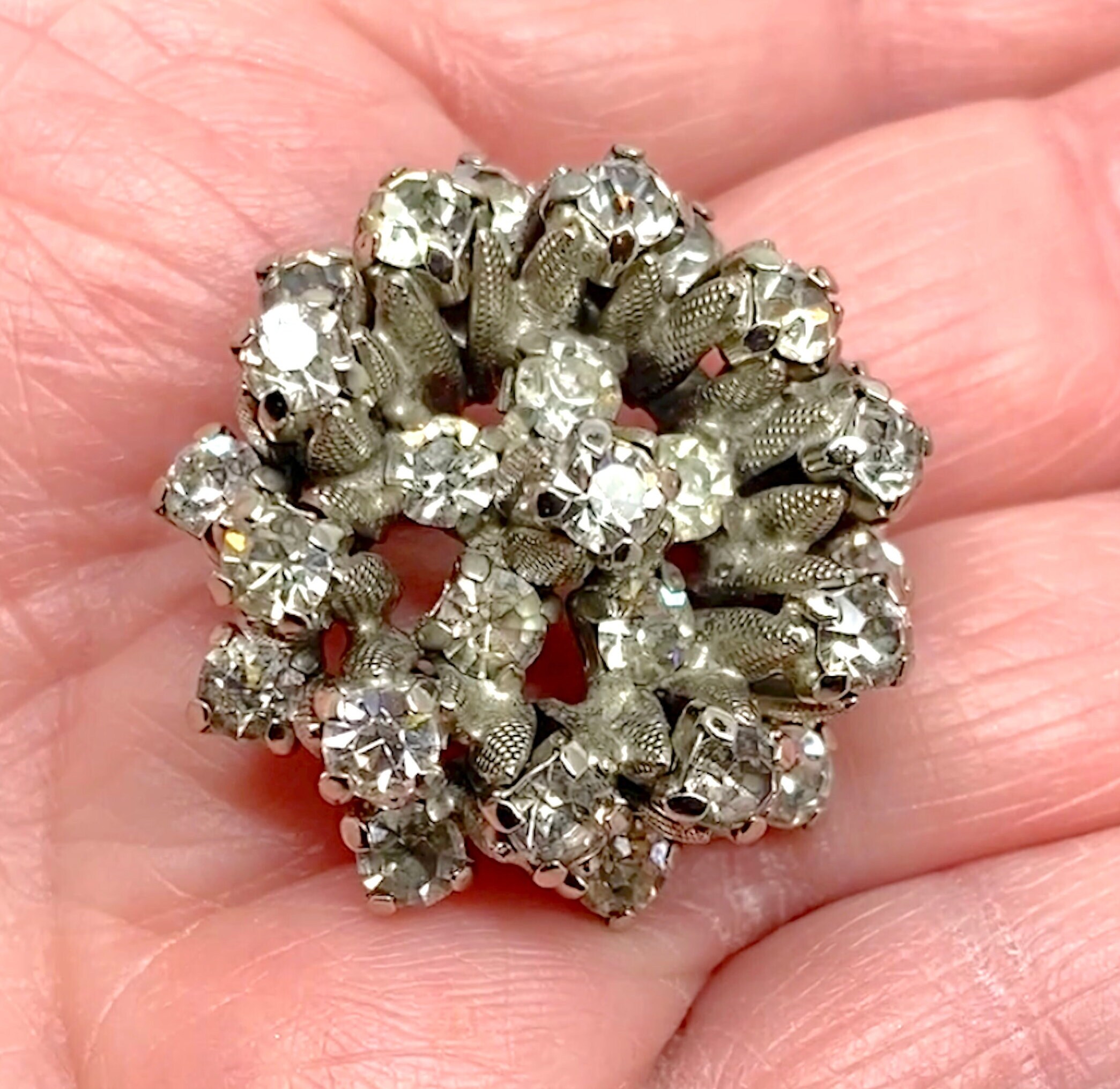Broche Vintage Années 60 En Strass Blanc Et Vert - Dôme De 3 Cm, Style Rétro