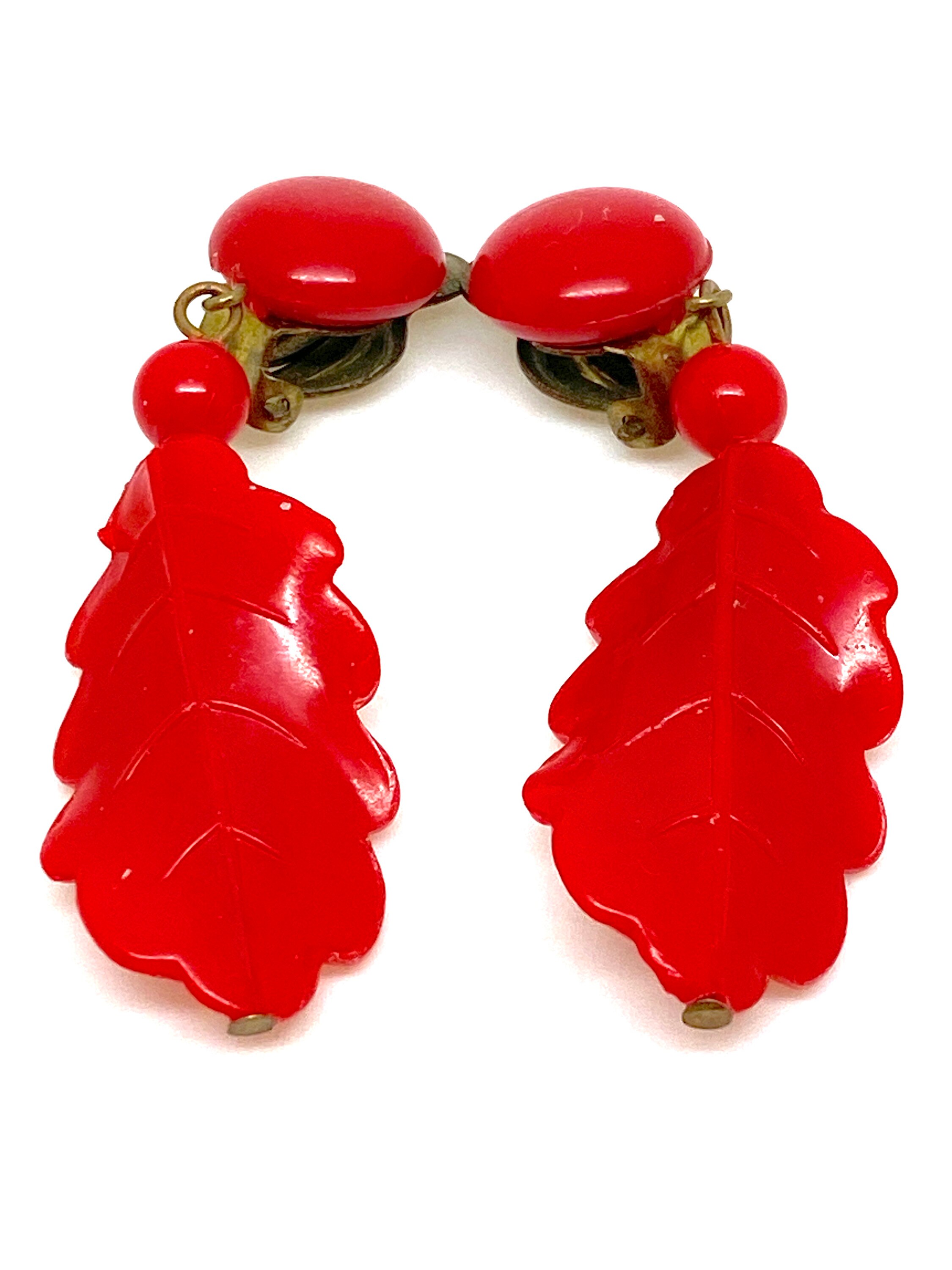 Boucles D'oreilles Vintage Clips - Plastique Doré Spirale Rouge - Occasion Bon état