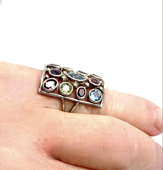 Large Multi Gemstone 925 Silver Rectangular Ring … - image 6