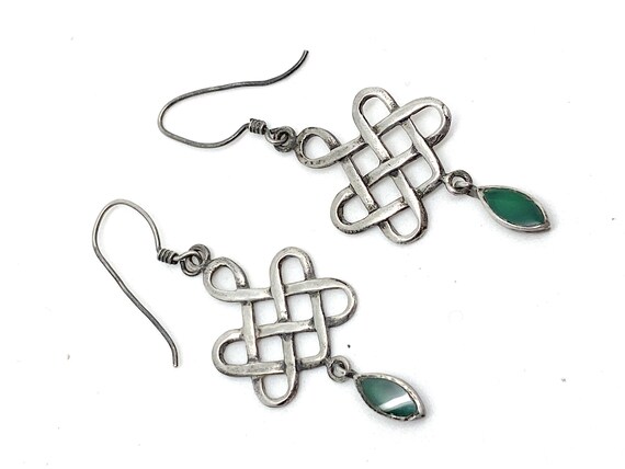 Unusual Celtic Loop Green Agate Drop Dangle Silve… - image 7