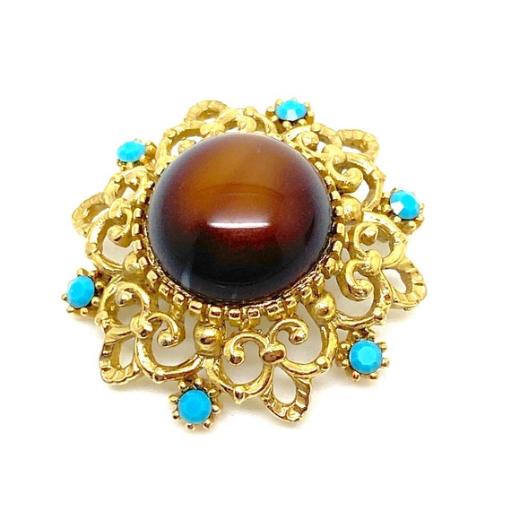 1980s SPHINX Brown and Blue Crystal Dome Brooch - image 1