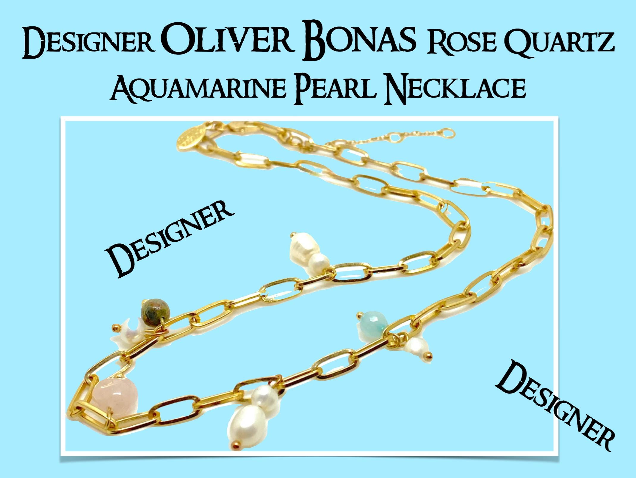 Designer Oliver Bonas Rose Quartz Aquamarine Pearl Necklace