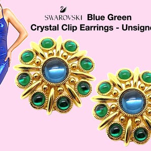 Swarovski Blue & Green Crystal Clip Earrings - Unsigned