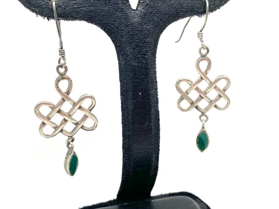 Unusual Celtic Loop Green Agate Drop Dangle Silve… - image 4