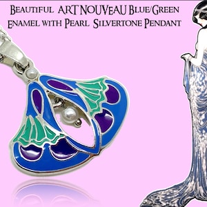 Art Nouveau Blue Green Enamel Pendant: Silver Tone Pearl Necklace