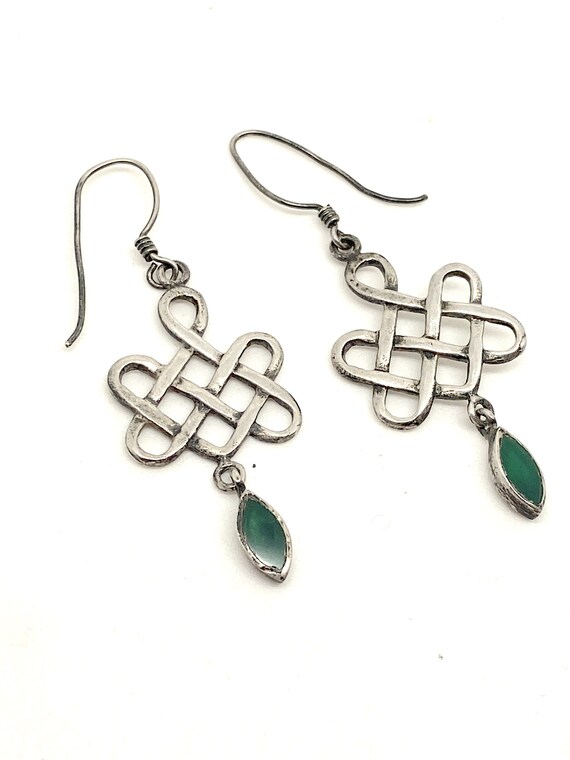 Unusual Celtic Loop Green Agate Drop Dangle Silve… - image 3