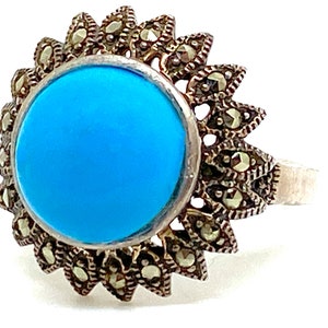 Art Deco Sleeping Beauty Turquoise and Marcasite 925 Silver Ring