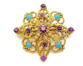 Broche Vintage Pierre Bex Années 80 - Métal Doré émaillé, France, Occasion