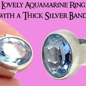 Large Aquamarine Ring with a Thick Silver Band Size UK E