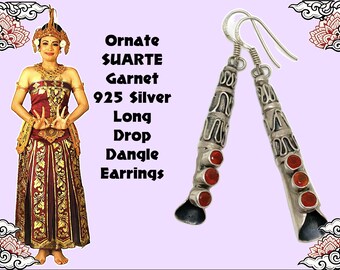 Pendientes colgantes de plata 925 con granate de Bali: diseño vintage