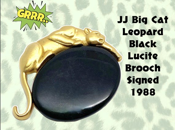 JJ Leopard Panther Big Cat Oval Black Lucite Gold Tone Brooch