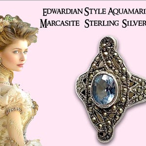 Edwardian Style Aquamarine and Marcasite 925 Silver Ring UK Size Q 1/2