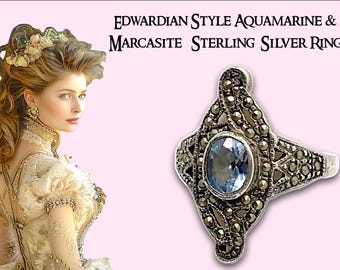Edwardian Style Aquamarine and Marcasite 925 Silver Ring UK Size Q 1/2