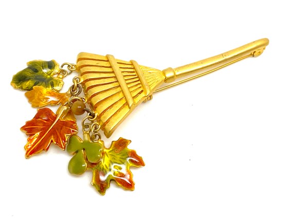 Brushed Gold and Enamel Autumn Leaves Broom  / Ra… - image 4