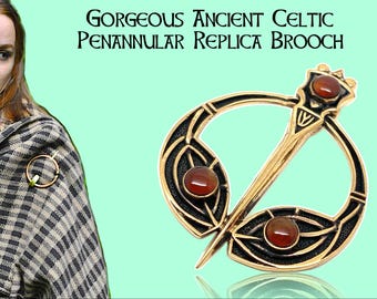 Large Irish Celtic Gold Bronze Penannular Brooch Pin with Carnelian Stones