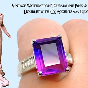 Vintage Watermelon Tourmaline Pink & Purple Doublet with CZ ART DECO Accents 925 Ring - Uk Size M