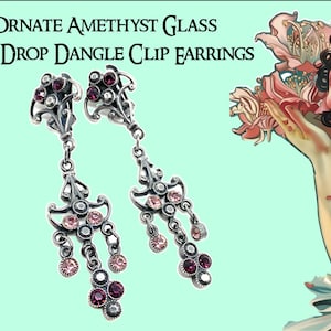 Reich verzierte Lange Tropfen Ausgefallene Amethyst Glas Ohrclips