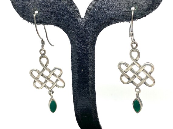 Unusual Celtic Loop Green Agate Drop Dangle Silve… - image 6