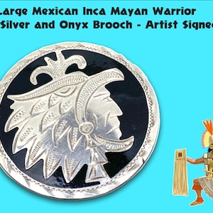 Large Mexican Inca Mayan Warrior Statement 925 Silver and Onyx Brooch - Artist Signed