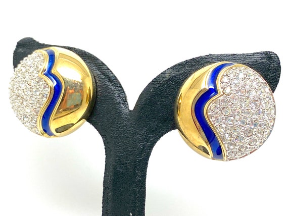 High End Crystal and Enamel Clip Earrings Signed … - image 8