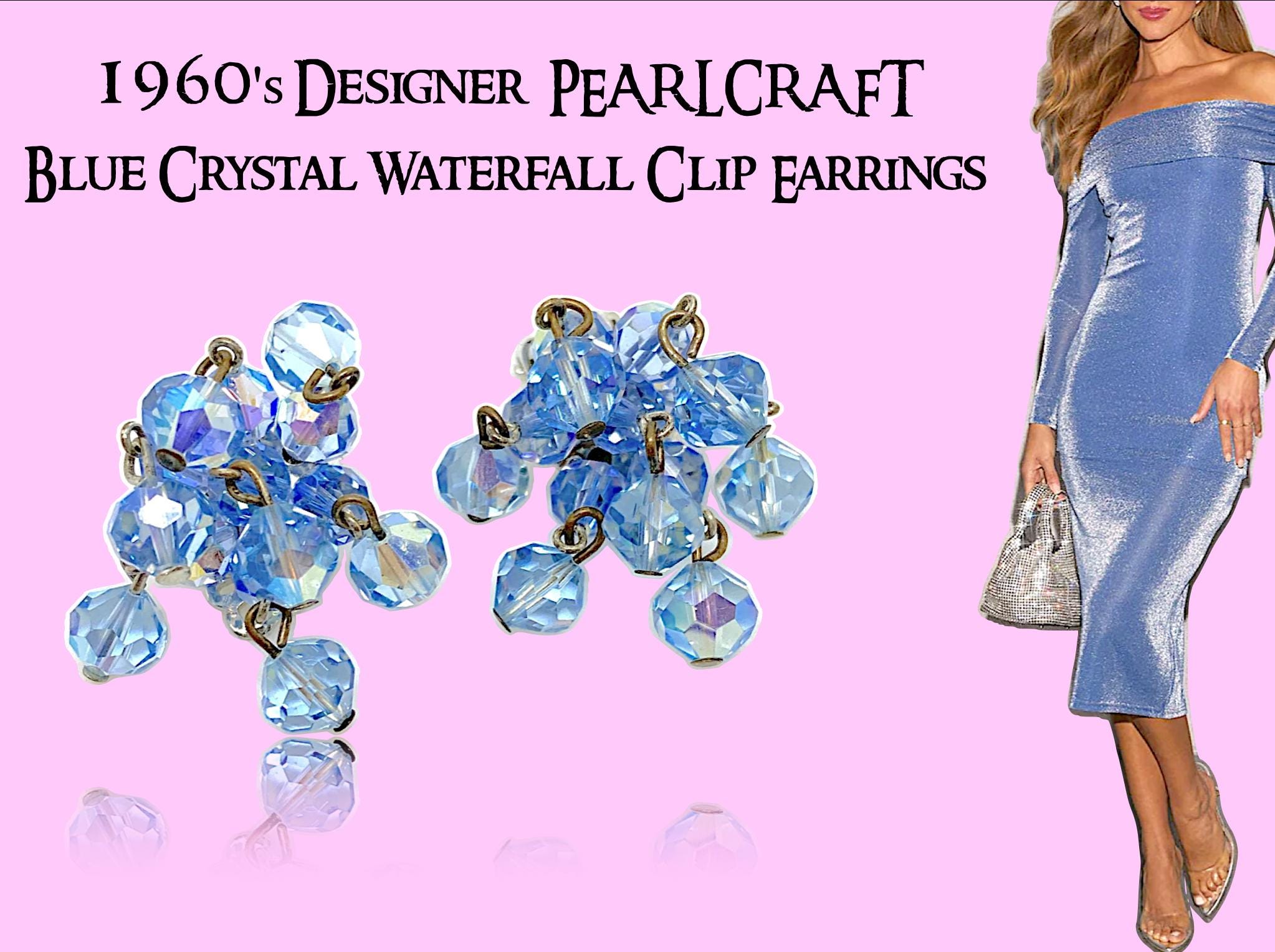1960's Designer PEARLCRAFT Blue Crystal Waterfall Clip Earrings - Etsy