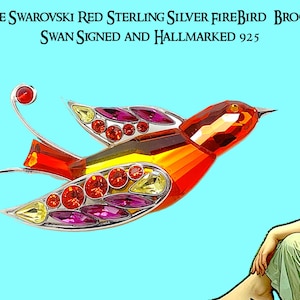 Zeldzame Swarovski rode sterlingzilveren FireBird-broche - zwaan, gesigneerd en gemerkt 925