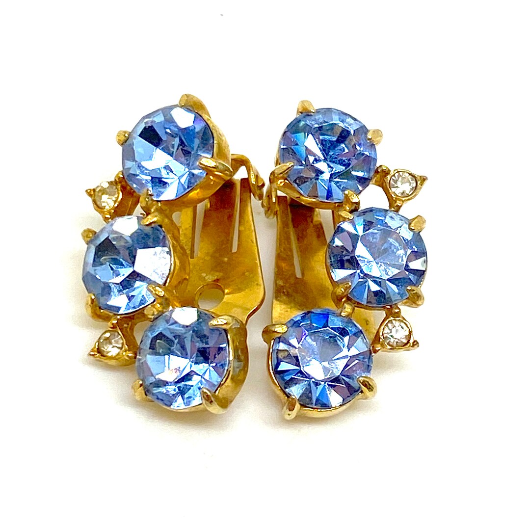 80's Gold Tone with Blue Rhinestones Earrings main image 0