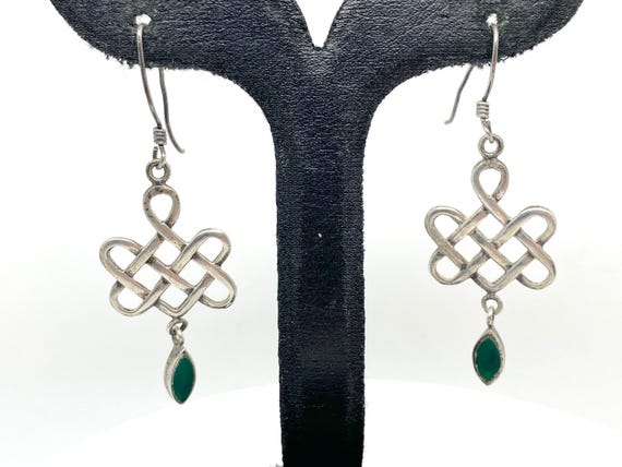 Unusual Celtic Loop Green Agate Drop Dangle Silve… - image 2