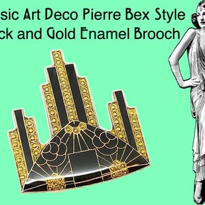 Classic Art Deco Pierre Bex Style Black and Gold Enamel Brooch