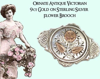 Ornate Antique Victorian 9ct gold on Sterling Silver Flower Brooch