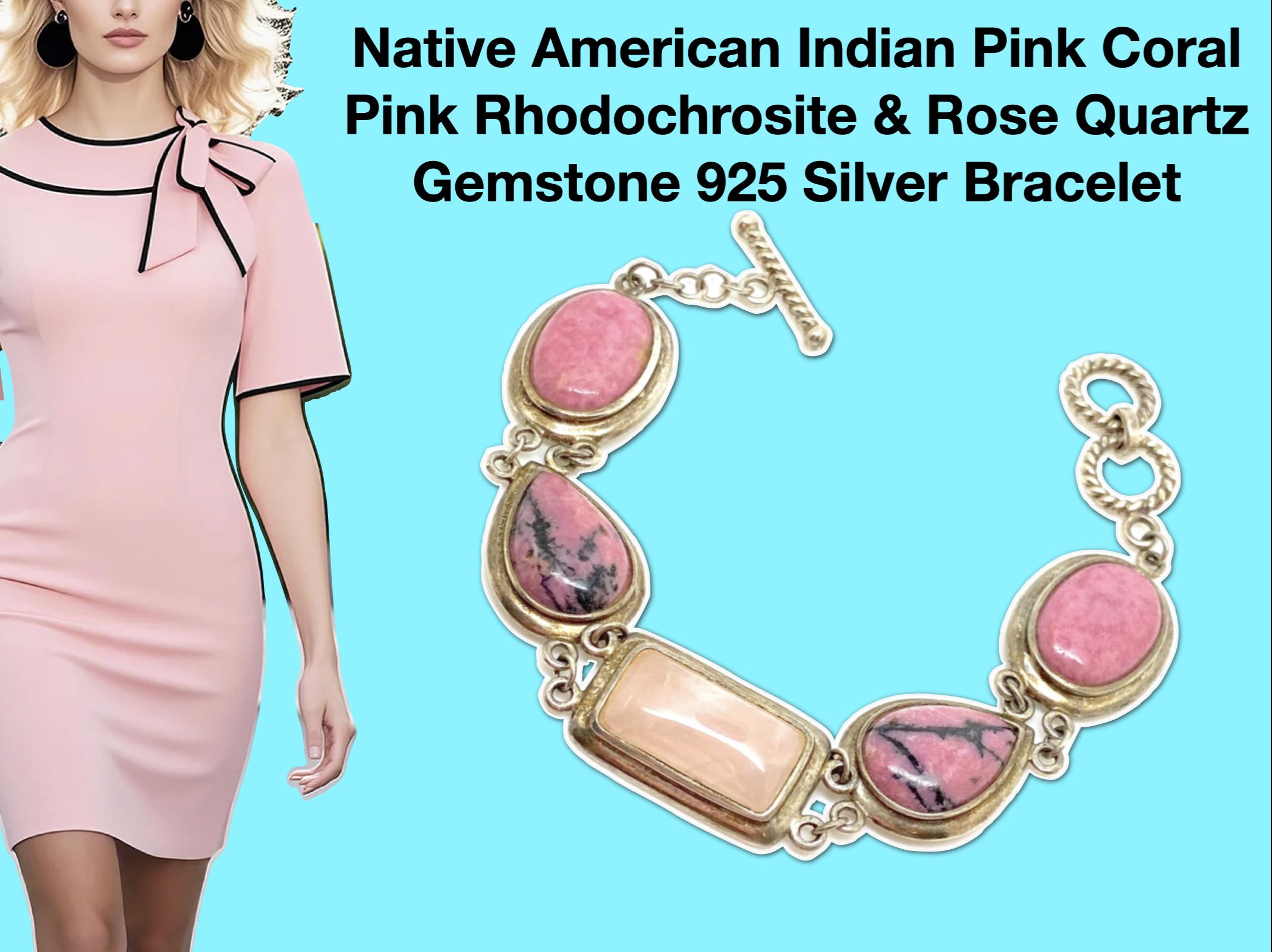 Native American Pink Gemstone 925 Silver Bracelet: Coral