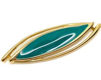 Vintage Green Enamel Monet Signed Goldtone Brooch 1980's