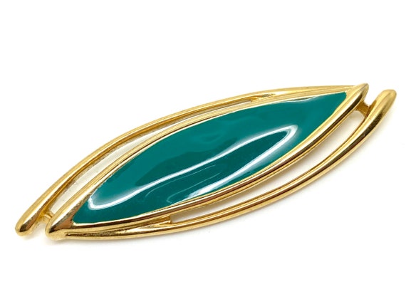 Vintage Green Enamel Monet Signed Goldtone Brooch… - image 1