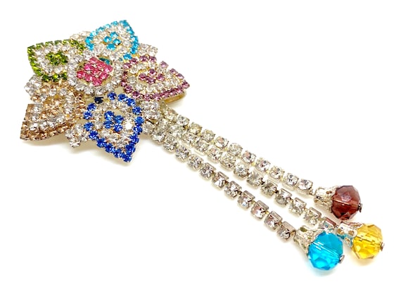 Broche Pendante Vintage à Pampilles - Verre Et Strass, Bijou Ancien