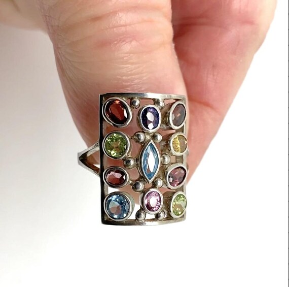 Large Multi Gemstone 925 Silver Rectangular Ring … - image 7